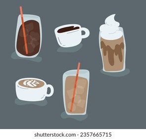 Coffee cups set for cafe hopping, coffee lovers, Isolated coffee elements, coffee set for menu, mug, cup, milk, latte, americano, cappuccino, ice latte, cappuccino frappe