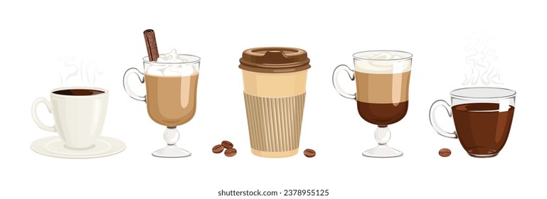 Coffee cups set. Espresso in white cup, latte, cappuccino, takeaway coffee paper cup  and steaming americano in glass cup. Collection of vector cartoon illustrations.