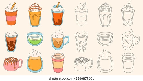 Coffee cups set in flat, doodle style. Various mugs, glasses line art style drawn collection with cream, straws, caramel and foam. Vector illustration isolated on background.