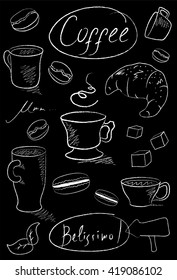 Coffee cups set hand-drawn chalk on black vector illustration, coffee cups and desserts drawing on chalkboard, coffee set chalk clipart, banner and icon for coffee bar and cafe, coffee cup design