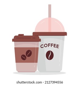 Coffee cups set. Hot drink flat vector illustration. Smoothie, milk shake, ice beverage emblem.