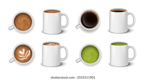 Coffee cups set. Mugs with hot drinks side and top view. Cappuccino and mochaccino, latte. Mocha, and green herbal tea. Realistic vector collection isolated on white background