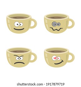 Coffee cups set on white isolated background. Espresso. Coffee icons. Funny cups with emotions.. Vector.