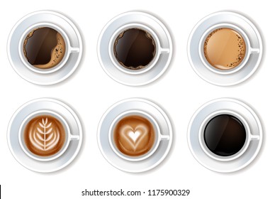 Coffee cups set Vector realistic. top view 3d illustrations