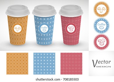 Coffee cups set. Vector take away coffee packaging templates and isolated design elements for coffee shop. Cardboard cups with emblems and seamless patterns in trendy linear style. Line backgrounds