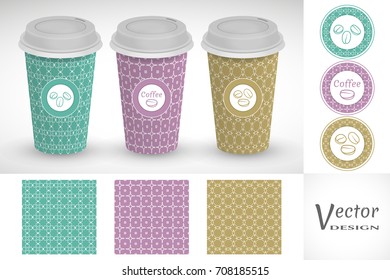 Coffee cups set. Vector take away coffee packaging templates and isolated design elements for coffee shop. Cardboard cups with emblems and seamless patterns in trendy linear style. Line backgrounds