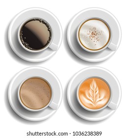 Coffee Cups Set Vector. Top View. Different Types. Coffee Menu. Hot Latte, Cappuchino, Americano, Raf Coffee. Fast Food Cup Beverage. White Mug. Realistic Isolated Illustration