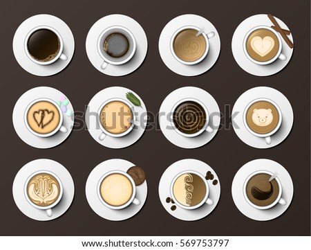 Coffee cups set vector top mug of latte coffeine with coffeegrounds isolated drink in coffeehouse illustration.