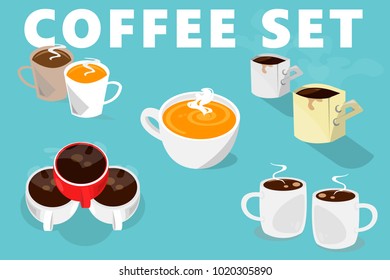 Coffee cups set.Blank ceramic mugs with hot drink.Five different variants