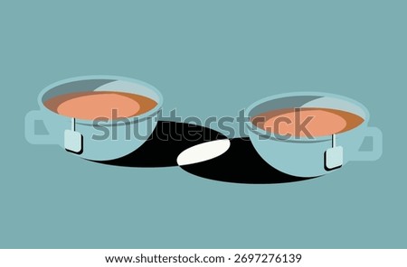 Coffee cups shadow merging, company equity share merge concept illustration