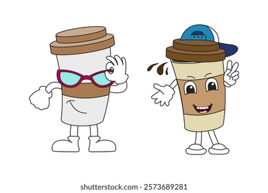 Coffee cups shaped like teenagers. Coffee cups in a cap and glasses on a white background. Hand-drawn vector illustration.