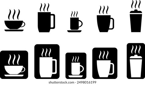 Coffee cups silhouette icon set. Vector illustration of hot tea cup with black and white minimalist style