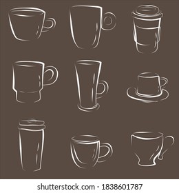 Coffee cups sketch illustration, icon or flat vector picture for coffee shop, website, menu design.