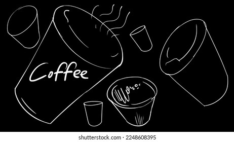 Coffee cups sketch with a white line on a black background. Vector illustration with energetic hot drink design.