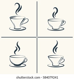 Coffee cups with smoke icon set. Vector illustration