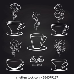 Coffee cups with smoke on blackboard background. Vector illustration