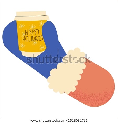 Coffee cups with snow. A hand in mittens holds a cup of coffee. Cup with Christmas design. Hello Winter seasonal concept.