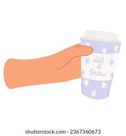 Coffee cups with snowflake isolated on white background. Hand holding coffee cup. Cup with Christmas design. Hello Winter seasonal concept.