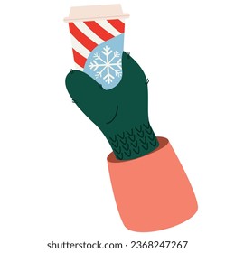 Coffee cups with snowflake isolated on white background. A hand in mittens holds a cup of coffee. Cup with Christmas design. Hello Winter seasonal concept.