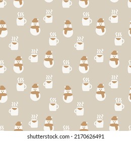 Coffee cups and snowmen seamless pattern design for fashion textiles, crafts, branding, marketing and web materials