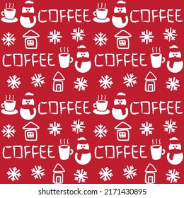Coffee cups and snowmen seamless pattern design with texts for fashion textiles, crafts, branding, marketing and web materials