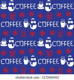 Coffee cups and snowmen seamless pattern design with texts for fashion textiles, crafts, branding, marketing and web materials