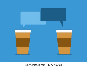 Coffee cups with speech bubbles. Friendly talk, drinking coffee with friends. Flat design coffee concept.