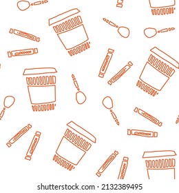 tazas de café, cucharas y bolsas de papel de azúcar patrón vectorial en color naranja