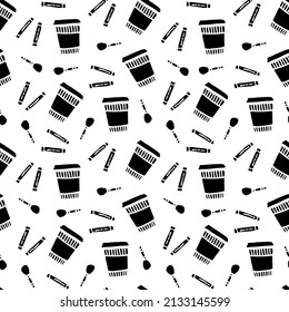 Coffee cups, spoons and sugar paper bags vector pattern in black and white