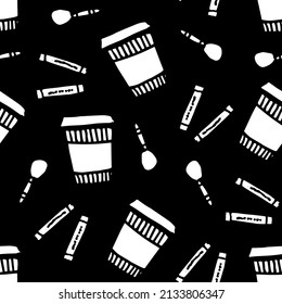 Coffee cups, spoons and sugar paper bags vector pattern on black