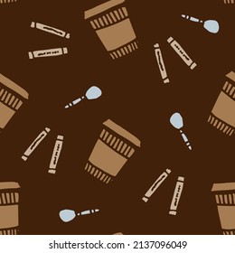 Coffee cups, spoons and sugar paper bags vector pattern in brown color
