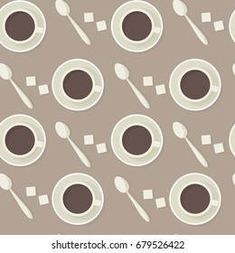 Coffee cups, spoons and sugar seamless vector pattern.