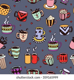 Coffee cups, tea cups and mugs seamless pattern in hand drawn style