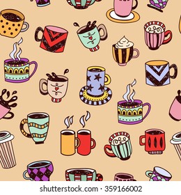 Coffee cups, tea cups and mugs seamless pattern in hand drawn style