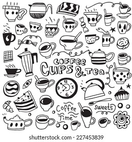 coffee cups, tea cups and sweets - doodles set