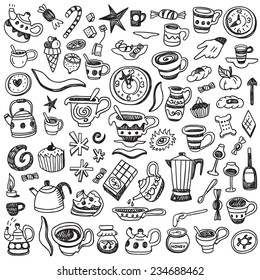 coffee cups, tea cups and sweets - doodles set