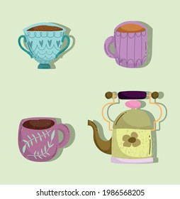 coffee cups and teapot cartoon set