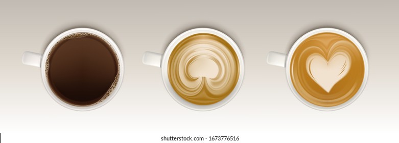 Coffee Cups Top View Set, Realistic Mugs With Hot Beverages And Cream Foam Heart Design. Assortment Of Black Espresso, Cappuccino And Latte Drinks Isolated On White Background, 3d Vector Clip Art