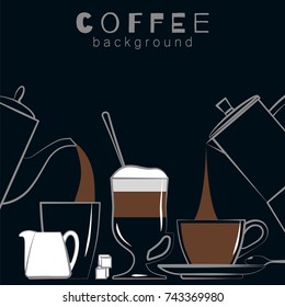 Coffee cups with various drinks. Irish, americano, cappuccino. Coffee pots, spoon, sugar, pitcher. Vector background. Linear icons. Illustration is cropped with a mask.