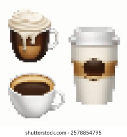 Coffee cups vector pixel art