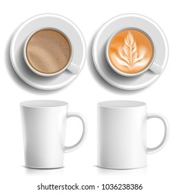 Coffee Cups Vector. Top, Side View. Different Types. Aromatic Classic Hot Coffee. Fast Food Cup Beverage. White Mug. Isolated Illustration