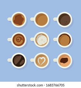 Coffee cups, view top with coffee logo. Flat vector design.