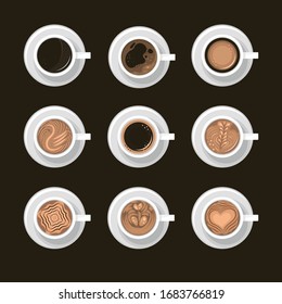 Coffee cups, view top with coffee logo. Flat vector design.