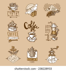 Coffee cups vintage original espresso sketch labels set isolated vector illustration