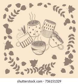 Coffee cups. Warm autumn concept with autumn leaves around coffee mugs