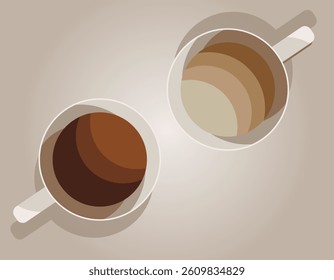 Coffee cups while communicating. Cup of coffee, top view. Two cups with hot drink. EPS 10.
