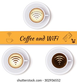 Coffee cups and wifi symbol concept icons, design elements. Cups of coffee with wifi sign. Internet cafe with open wifi hotspot