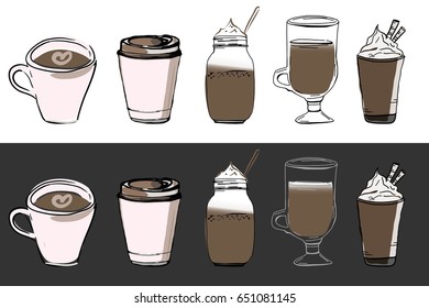 Coffee cups for your designs: t-shirts, bags, for posters, invitations, cards Vector illustration