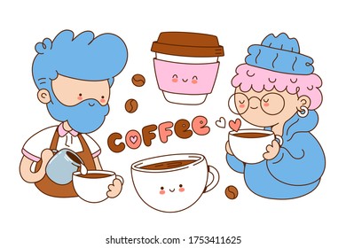 Coffee cute illustrations set. Vector cartoon character illustration icon design.Isolated on white background