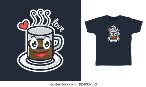 Coffee in the cute mug character vector illustration t-shirt design and others uses.